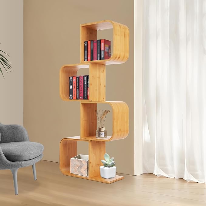 4-Tier S-Shaped Bookcase, Office Bookshelf with 4 Open Cubes, Geometric Bookshelf Rack, Freestanding Display Shelf Storage Organizer for Living Room Study Home Office