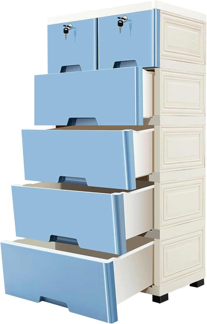 5-Layers Plastic Dresser with 6 Drawers Movable Chest of Drawers Locked Storage Cabinet Craft Organizers and Storage for Bedroom Entryway Hallyway, 19.7’’ W*13.8’’ D*40’’ H (Blue)