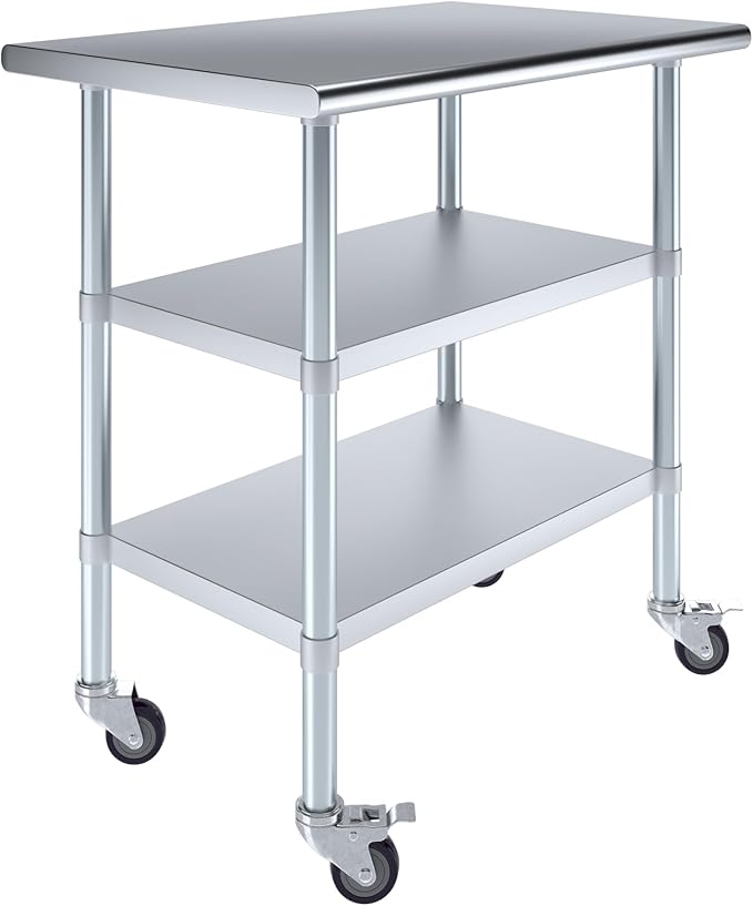 AmGood Stainless Steel Work Table with 2 Shelves and Casters | Metal Utility Table On Wheels (Stainless Steel Work Table with 2 Shelves + Casters, 36" Long x 24" Deep)