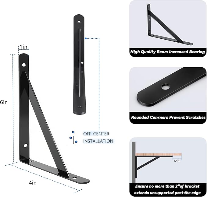 4 Pack L 6" x H 4" Heavy Duty Shelf Brackets with Screws Open Floating Shelving Bracket L Brackets Black Metal Shelf Brackets for Shelves, Room, Pantry,Garage