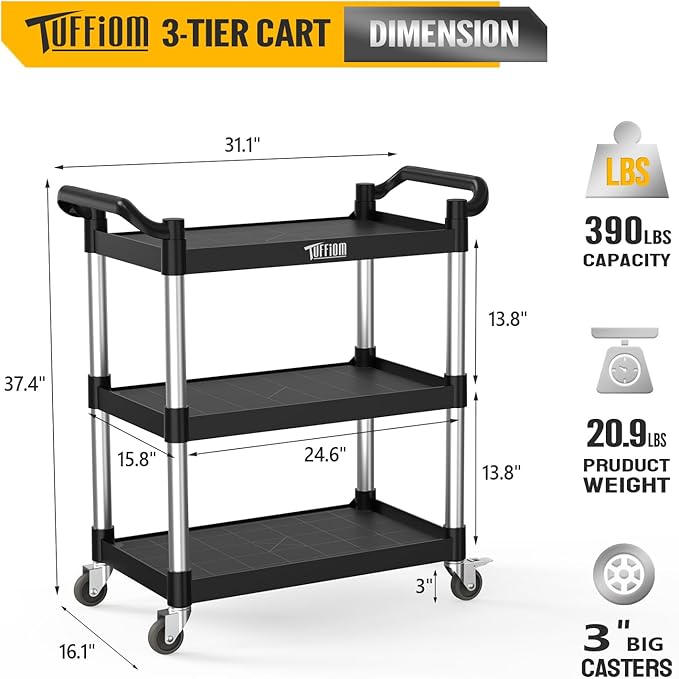 TUFFIOM 3-Tier Plastic Service Utility Cart with Wheels, Heavy Duty 390lbs Capacity, Commercial Rolling Ideal for Restaurant, Foodservice, Office, Warehouse, Black 34.8''L x 17.4''W x 38.6''H