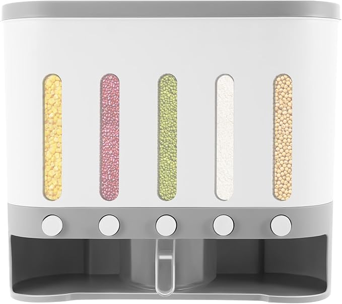 5 Grids Dry Food Dispenser, Wall mounted Rice Storage Dispenser Cereal Dispenser Countertop Kitchen Organization Container 38Lbs Sealed Storage Tank with Measuring Cup for Home Kitchen
