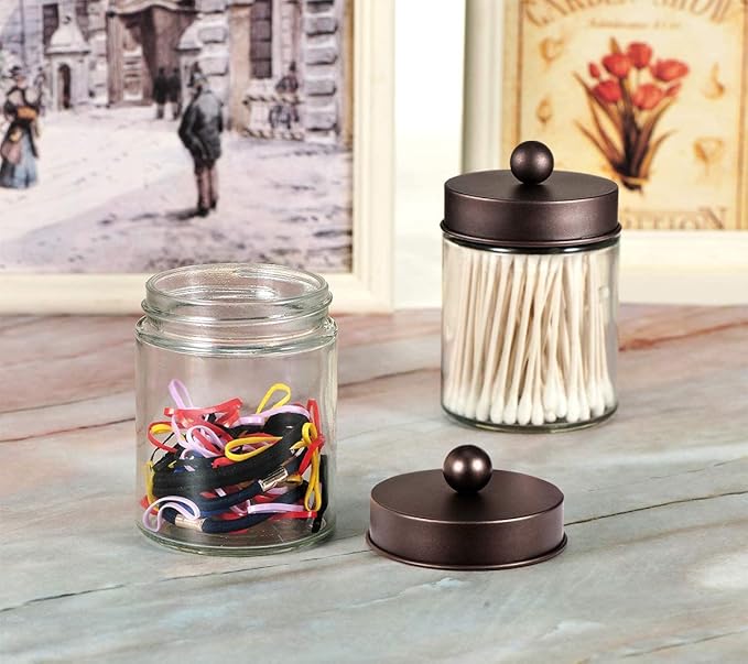 Amolliar 6Pc Apothecary Jars Bathroom Vanity Organizer- Rustic Farmhouse Decor Storage Canister with Stainless Steel Lids- Qtip Dispenser Holder for Q-Tips,Cotton Swabs,Rounds,Ball,Flossers (Bronze)