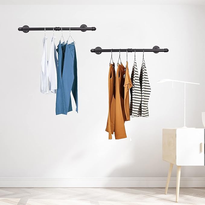 36” Wall Mounted Clothes Rack, Industrial Pipe Black Iron Garment Bar, Heavy-Duty Detachable Clothing Rod, Multi-Purpose Metal Wall display Hanging Pole for Closet Storage (Set of 2)