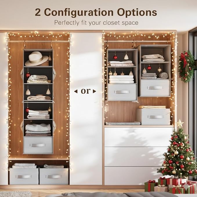 Pipishell 6-Shelf Hanging Closet Organizer, Hanging Shelves with 2 Separable 3-Tier Shelves, Closet Shelves Organizer with 3 Removable Drawers for Wardrobe, Nursery, Baby Clothes Organizer, Gray