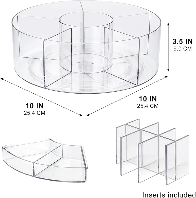 360° Rotating Makeup Organizer, 10" Clear Turntable Lazy Susan Organizer for Vanity, Bathroom Counter, Cabinet, Spinning Cosmetic Storage Holder with 6 Dividers for Skincare, Makeup Brushes, Lipsticks