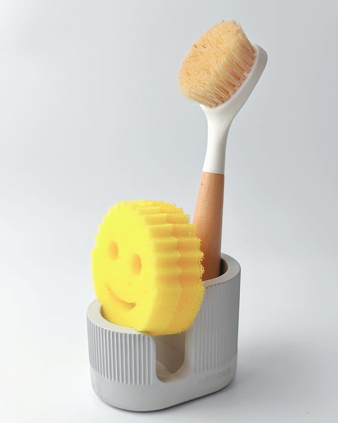 2-in-1 Diatomite Sponge Holder for Kitchen Sink, Quick-Drying Dish Sponge and Brush Holder, Dish Wand Holder, Diatomite Stone Sink Tray, Ultra Absorbent Sink Caddy Organizer, Light-Gray