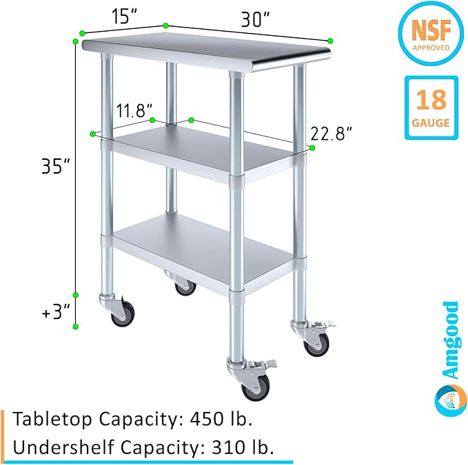 AmGood Stainless Steel Work Table with 2 Shelves and Casters | Metal Utility Table On Wheels (Stainless Steel Work Table with 2 Shelves + Casters, 15" Long x 30" Deep)