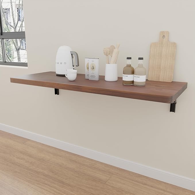 IAE Wall Mounted Folding Table with Pine Wood,36" x 14" Floating Wall Desk,Laundry Folding Table with Shelf Brackets,Fold Down Desk Shelf,Folding Workbench for Home,Dining,Laundry Room,Kitchen,Brown