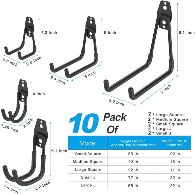 Garage Hooks, 12 Pack Wall Storage Hook Includes 2 Extension Cord Holder, Utility Organization, Heavy Duty Wall Mount Hangers for Hanging Bike, Ladder, Garden Tools