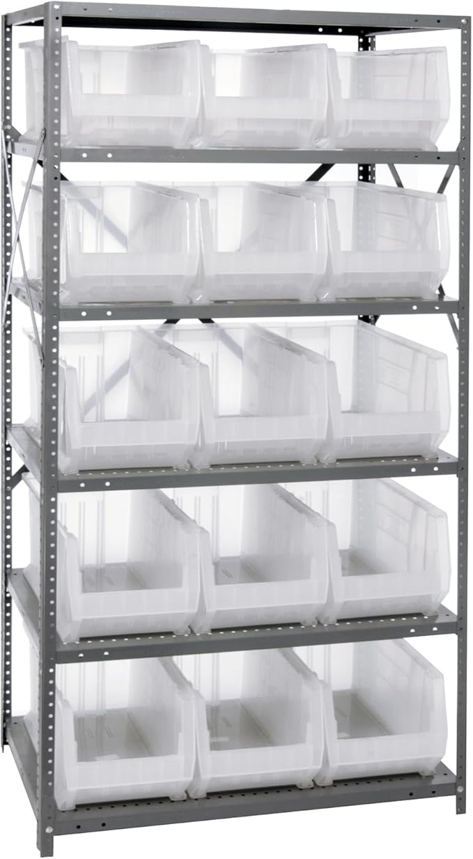 Quantum Storage Systems 2475-953CL Solid Heavy Duty 6 Shelves 15 Hulk Clear Bins 75" H x 36" W x 24" D