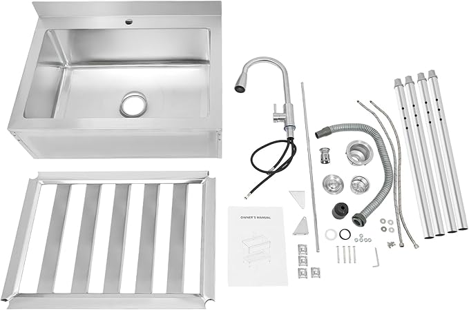 Stainless Steel Utility Sink, Free Standing Single Bowl Kitchen Sink with Pull-Out Cold/Hot Faucet, Storage Shelf & Splashback, Large Utility Sinks for Laundry, Garage 30.7"D x 22"W x 40.3"H Silver