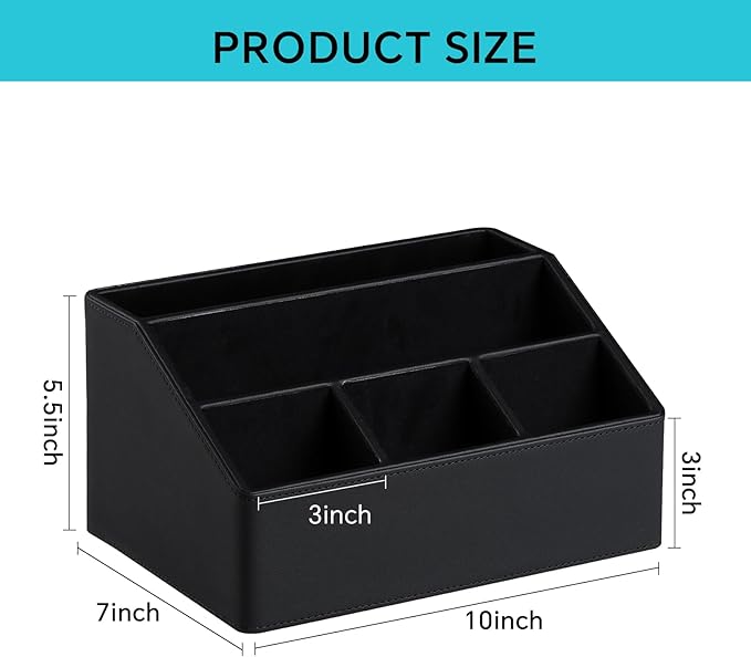 Remote Control Holder with 5 Compartments for Office Art Supplies, PU Leather Nightstand Organizer Pencil Pen Desk Caddy for Home, Desktop TV Remote Control Organizer Storage (Black)