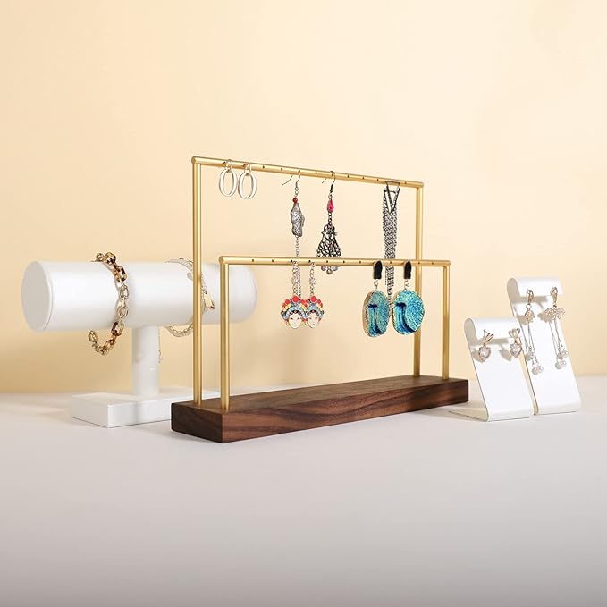 GemeShou wooden earring holder organizer for girls, walnut stud earring display stand for boutique store, jewelry storage organizer shelf【Walnut stand-Two Tiers】
