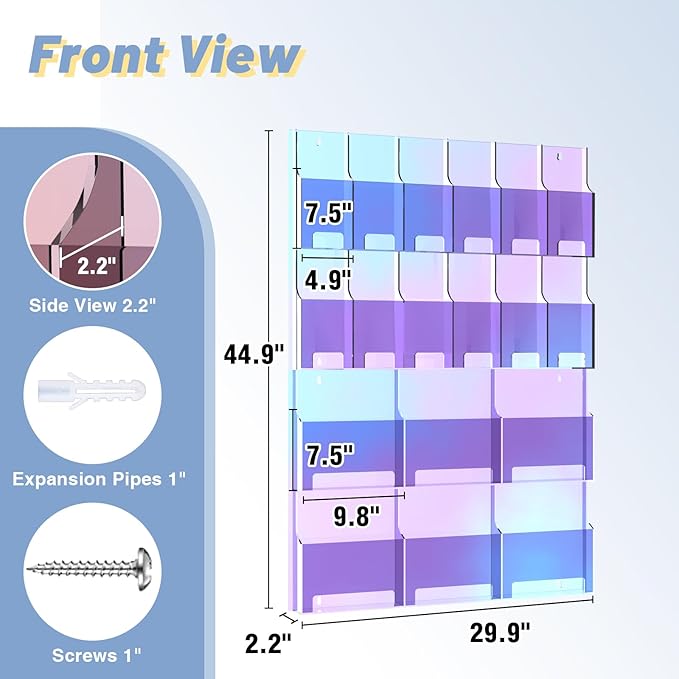 Iridescent Acrylic Wall Mounted Brochure Holder, 6 Magazine Holders and 12 Pamphlet Holders, Color-Shifting Display Rack, Trifold Flyer Rack, Literature Storage Rack for Home, Offices, Waiting Room