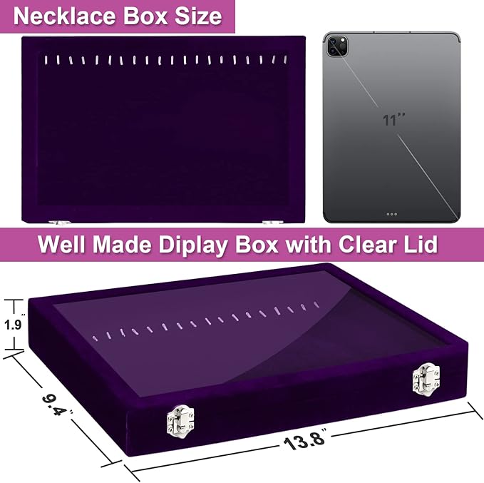 Jenseits Necklace Holder Jewelry Organizer Box, Dustproof Velvet Necklace Tray Jewelry Display With Clear Lid, Preppy Jewelry Holder, Long Necklaces Pendants Organizer, Gifts For Women Girls - Purple