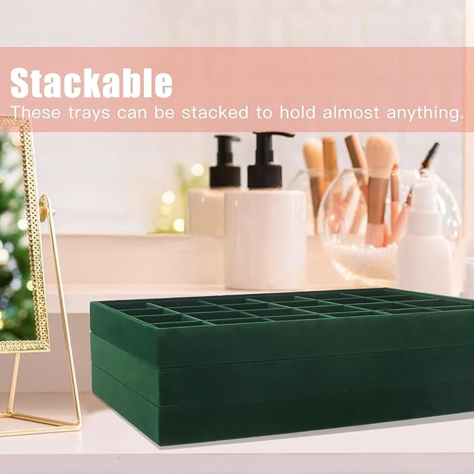 Rocutus Jewelry Trays,3 Pack Stackable Velvet Jewelry Organizer Tray Drawer Jewelry Storage Tray,Divided Ring Organizer Tray for Earrings, Necklaces, Bracelets,13.8"x9.5"x1.2" (Dark Green)