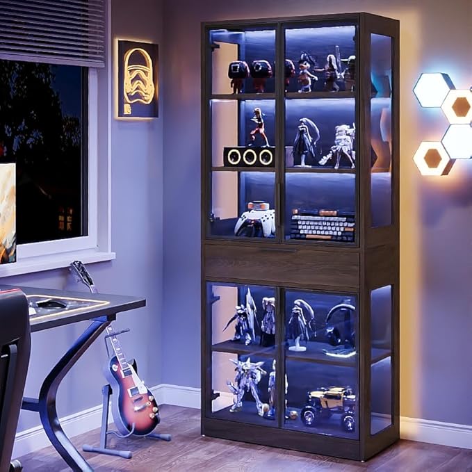 Tribesigns 71-inch Tall Display Cabinet with Doors, 5-Tier Curio Cabinet for Collectibles with LED Lights and Drawer, Display Case Bookcase with Shelves for Bedroom, Living Room, Office, Black