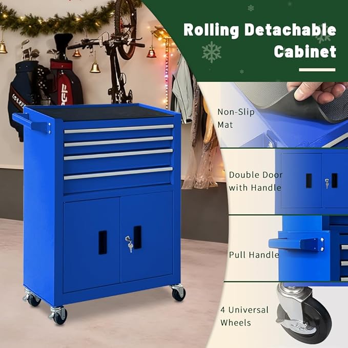 13-Drawer Rolling Tool Chest with Double Doors, 2 in 1 Detachable Rolling Tool Chest Combo, Mobile Tool Cabinet with Drawers, Metal Large Lockable Tool Box for Garage Workshop (Blue)