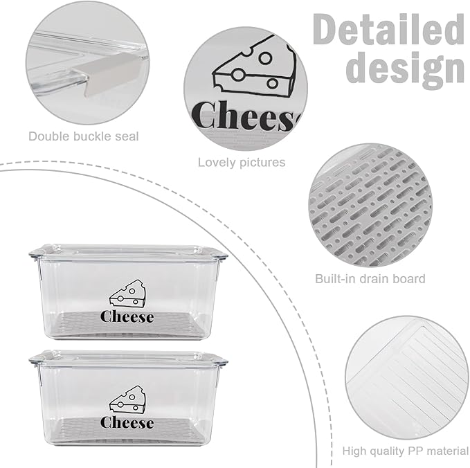 Cheese Holder Food Storage, Airtight Cheese Storage Box with Lid- Non Toxic, Lunch Meat Storage Sandwich Ham Cheeses Salami Sliced Turkey for Refrigerator to Keep Food Fresh,Clear-2Pack