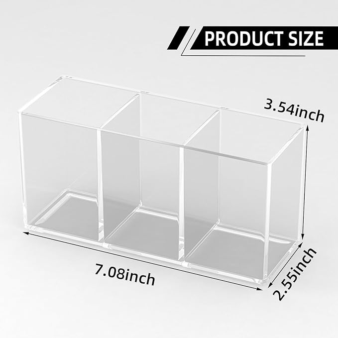 Acrylic Makeup Brush Holder, 2 Pack Clear Pencil Holder, Desk Accessories Holder with 3 Compartments, Brush Organizer for Vanity, Desk, Cosmetic Display