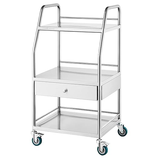 VEVOR Stainless Steel Utility Cart with 3 Shelves & 1 Drawer, 360 Swivel Casters, 220lbs Capacity