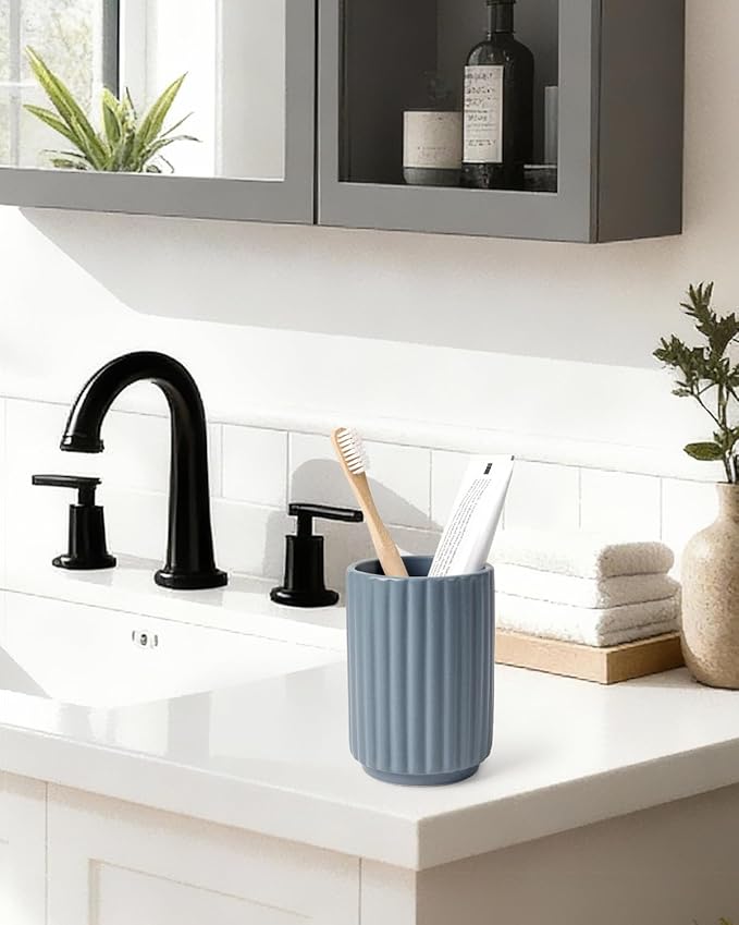 Toothbrush Holder, Tooth Brush Holder for Bathroom - Ceramic Toothbrush Cup Toothbrush Holders Countertop, Stripe Design Makeup Brush Holder Pen Holder, ANTIS'S HOME (Blue)