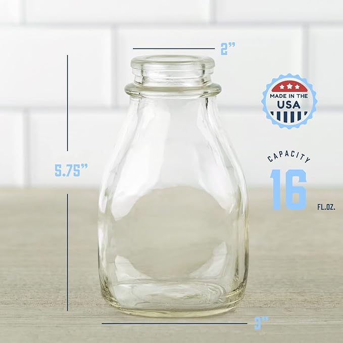 kitchentoolz 16 Oz Glass Milk Jug with Caps - Perfect Milk Container for Refrigerator Storage - 16 Ounce Short and Wide Glass Milk Bottle with Tamper Proof Lid and Pour Spout (3, 16 oz)