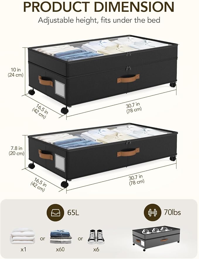 4 Pack Under Bed Storage with Wheels, Adjustable Height Storage Containers, 10 inches Large Capacity Rolling Underbed with Lids, Storage Drawers Shoes, Clothes, Blankets, Black