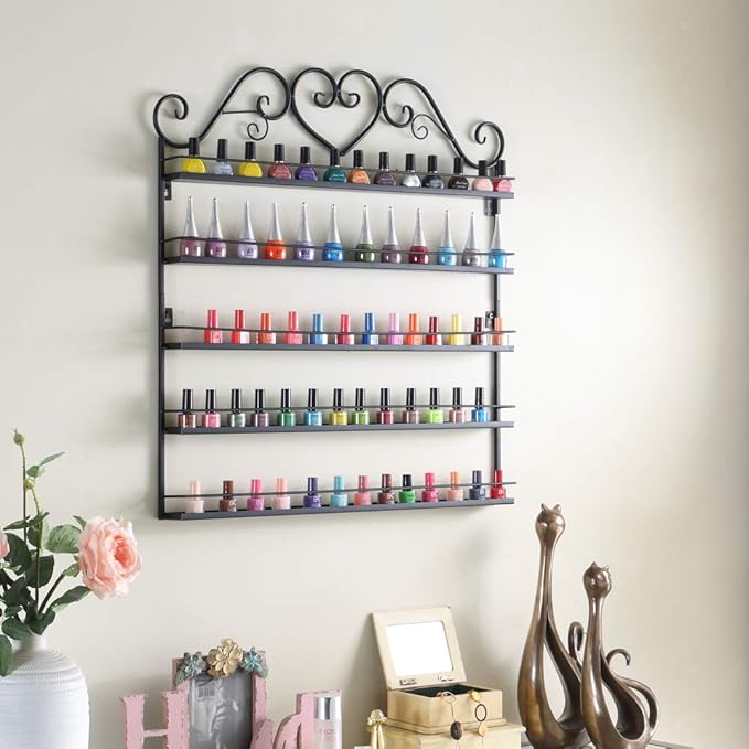 Dazone DIY Mounted 5 Shelf Nail Polish Wall Rack Organizer Holds 100 Bottles Nail Polish or Essential Oils (Black)