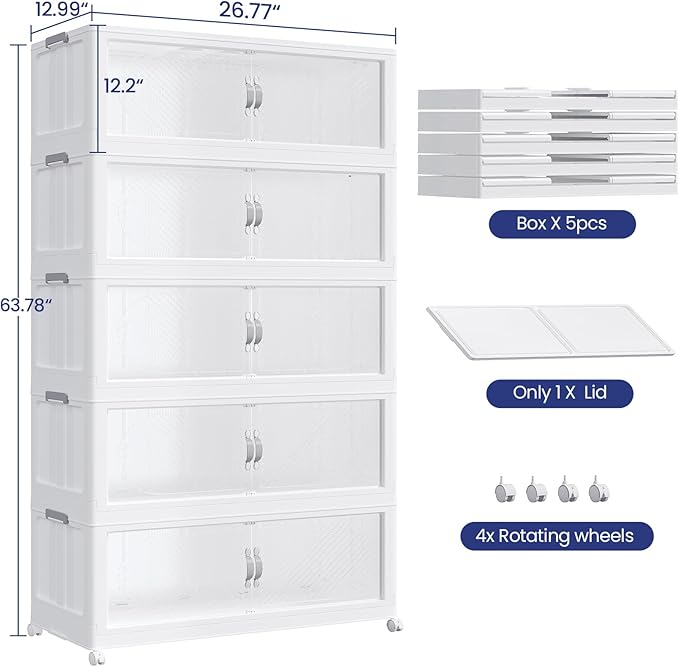600QT Extra Large Stackable Storage Bins with Lid & Wheels & Doors, 150Gal Foldable Collapsible Closet Organizers, Plastic Cabinet Box Container Drawer for Home Kitchen Bedroom, 5Pack White