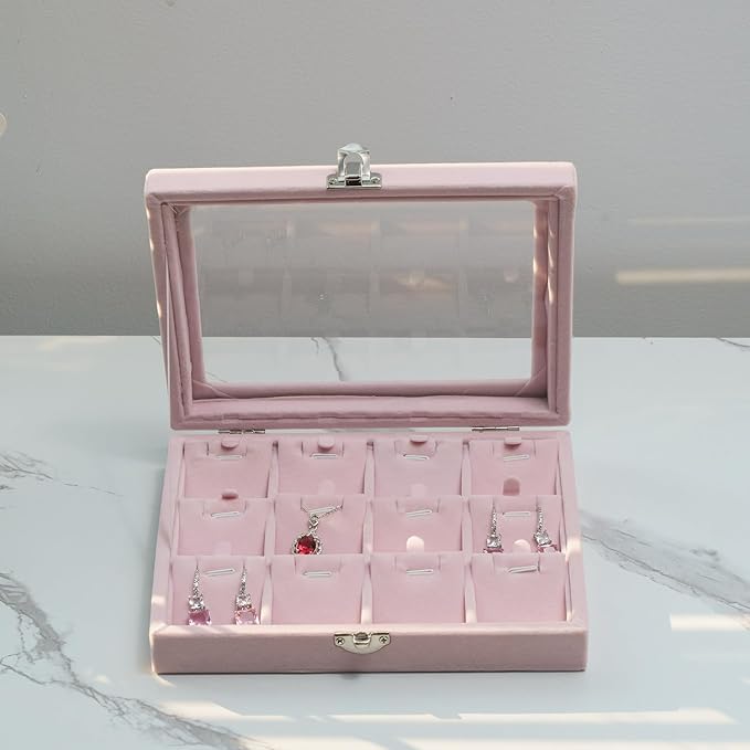 Jewelry Box Necklace Organizer Tray, Pink Velvet Necklace Display Case for Storage Small Display Tray 12 Grid Pendant Holder for Women