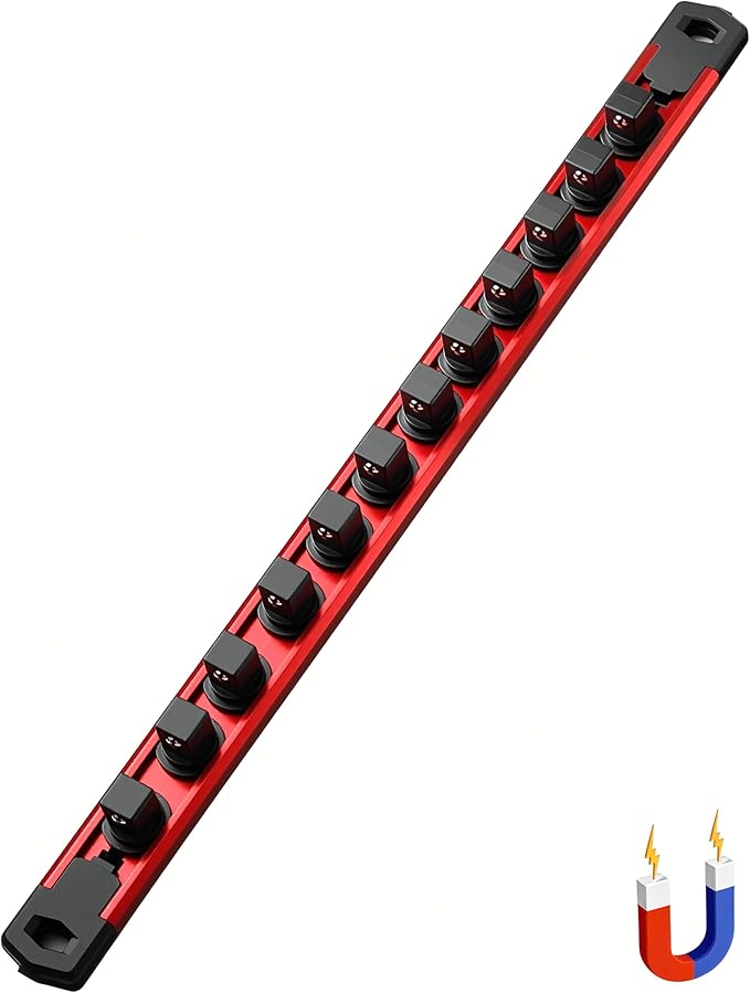 ALOANES 1/2-Inch Drive Magnetic Socket Organizer, Heavy Duty Aluminum Socket Rail Organizer, 360° Swivel Clips Socket Holder Kit for Tool Box, 1/2 Inch Socket Holder x 12 Clips (Red)