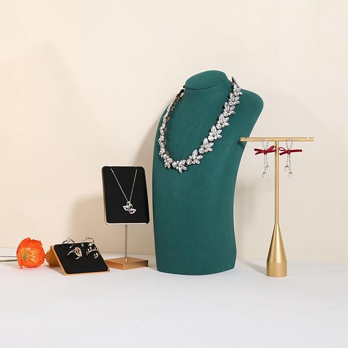 GemeShou Green necklace hanger jewelry organizer, Velvet jewelry stand necklace holder, jewelry mannequin bust for necklaces, Jewelry boutique store photography props【Green-Large height 11.8 inch】