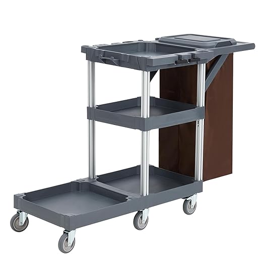 Commercial Housekeeping Utility Cart, Janitorial Cleaning Carts On Wheels, Janitorial Cart with Cover and Vinyl Bag, 3 Shelf Service Carts for Hotel/Stores/Restaurants/Hospitals/Schools/Business