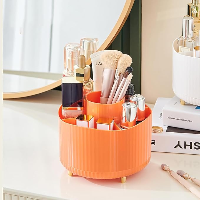 Anyoifax 360° Rotating Makeup Brush Holder Organizer, Make up Brushes Cup for Vanity, 5 Slot Spinning Makeup Organizers for Cosmetics, Lipstick, Pen, Orange