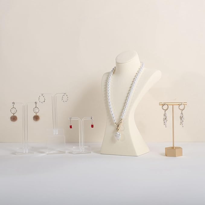 GemeShou Beige necklace storage hanger stand jewelry organizer, Velvet jewelry stand necklace holder, jewelry mannequin bust for necklaces, jewelry bust display stands【Beige-Medium height 9.25 inch】