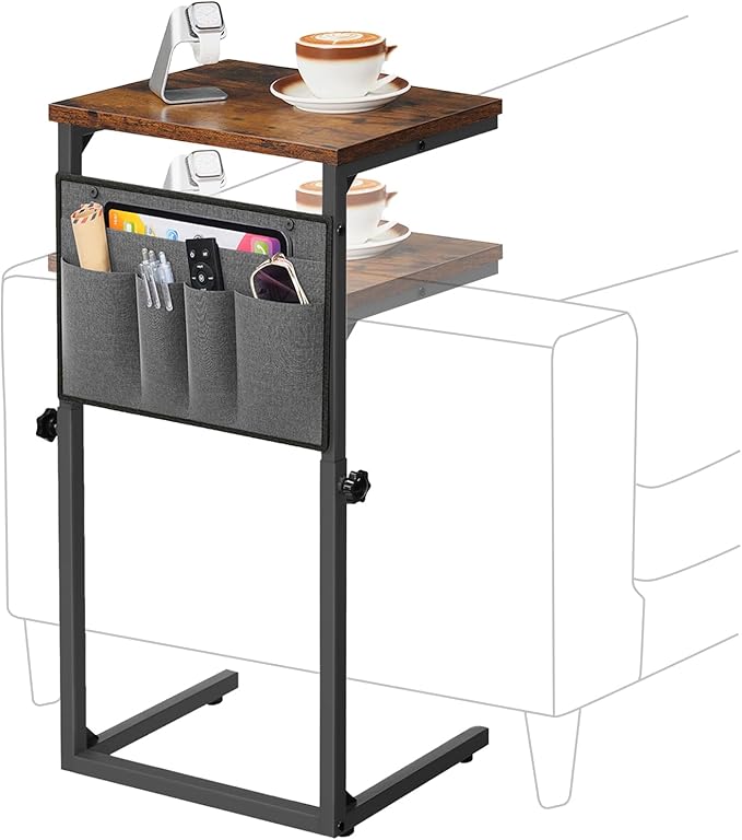 HOOBRO C Shaped End Table, 29.5’’ Adjustable Height Side Table with Storage Pockets, Couch Table Slide Under for Sofa, Small Space, for Living Room, Bedroom, Rustic Brown and Black BF77SF01