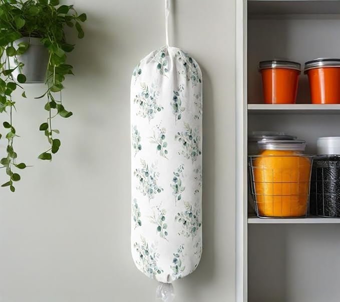 Plastic Bag Holder Wall Mount Grocery Bag Holder for Plastic Bags Organizer for Kitchen,Cute Cat Home Kitchen Decor Gifts for Women(Eucalyptus Leaves)