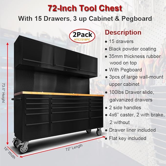 2 Pack - 72" Rolling Tool Chest with 15 Drawers + 3 Upper Cabinets, Matte Black Lockable Mobile Workbench, Assembled Large Tool Box with Wheels for Garage Workshop (2 × HTC7218PC)