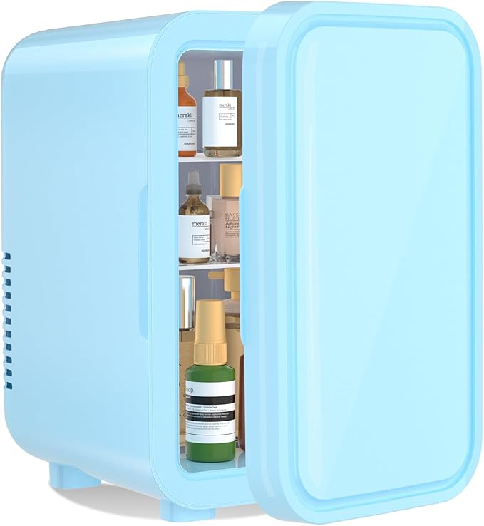 Mini Fridge, 6 Liter/8 Can 110V AC/DC Portable Thermoelectric Cooler Refrigerators for Bedroom, Skincare, Beverage, Office, Dorm Room and Car, Blue