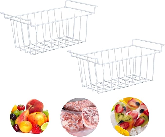 2PCS Freezer Organizer Bins, Steel Wire Freezer Basket with Handles Multifunctional Organizer Bin Stackable Metal Wire Baskets for Cabinet, Pantry, Closet (White)
