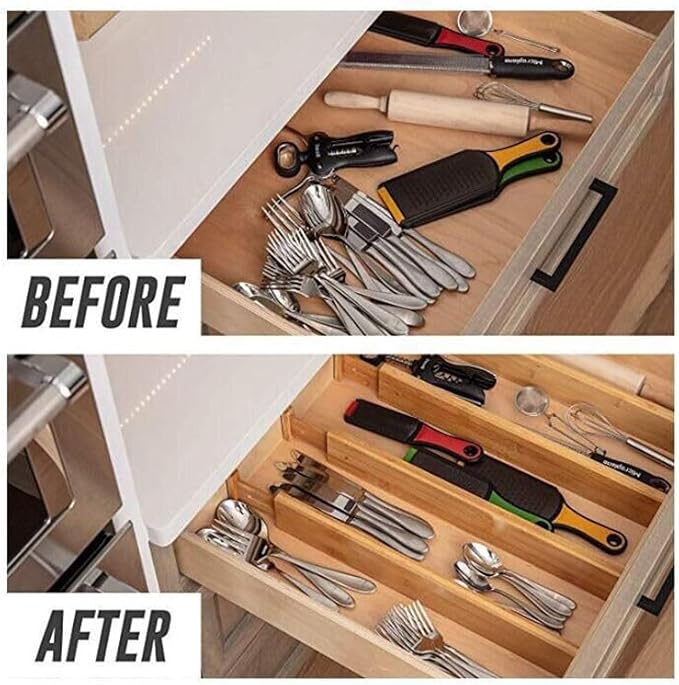 6 Pack Bamboo Kitchen Drawer Dividers, Expandable Drawer Separators Splitter, Utensil Drawer Organizer, Adjustable Organizer for Large Utensil, Clothes, Tools Drawers