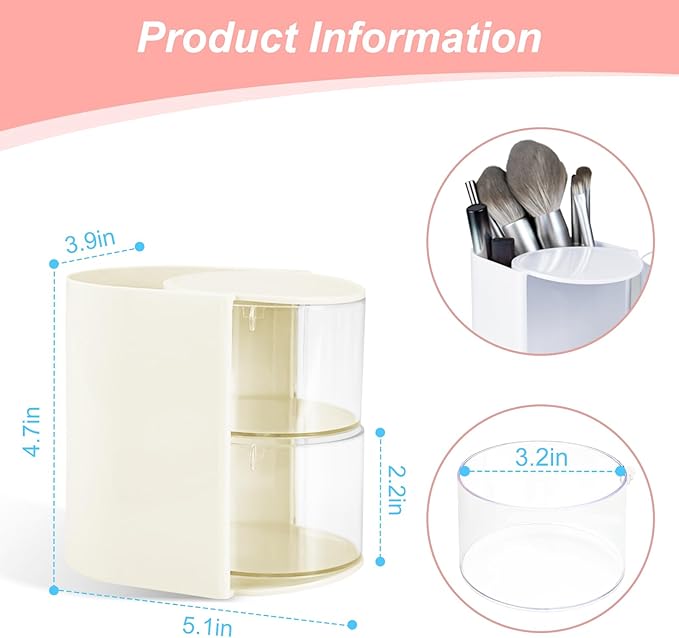 Hair Accessories Organizer with Hair Brush Holder, Rotatable Makeup Brush and Jewelry Storage Box for Hair Clips, Earrings, Necklaces, Bracelets, Rings, and Daily Accessories (Off White,2-Layer)