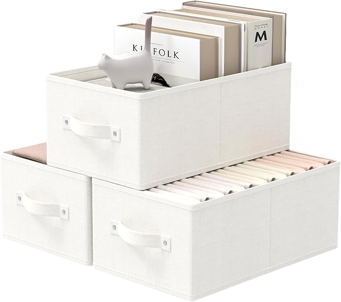 Fabric Storage Boxes for Shelves, 3 Pack Foldable Cloth Bins, Closet Organizers System with 2 Handles, Durable and Sturdy, Saving Space, White & Ivory, 16.1 x 9.8 x 6.5 In, XSNY11WM-3