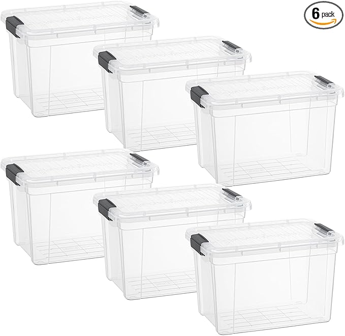 Superio Clear Storage Boxes with Lids, Plastic Container Bins for Organizing, Stackable Crates, BPA Free, Non Toxic, Odor Free, Organizers for Home, Office, School, and Dorm,12 Qt, 6 Pack