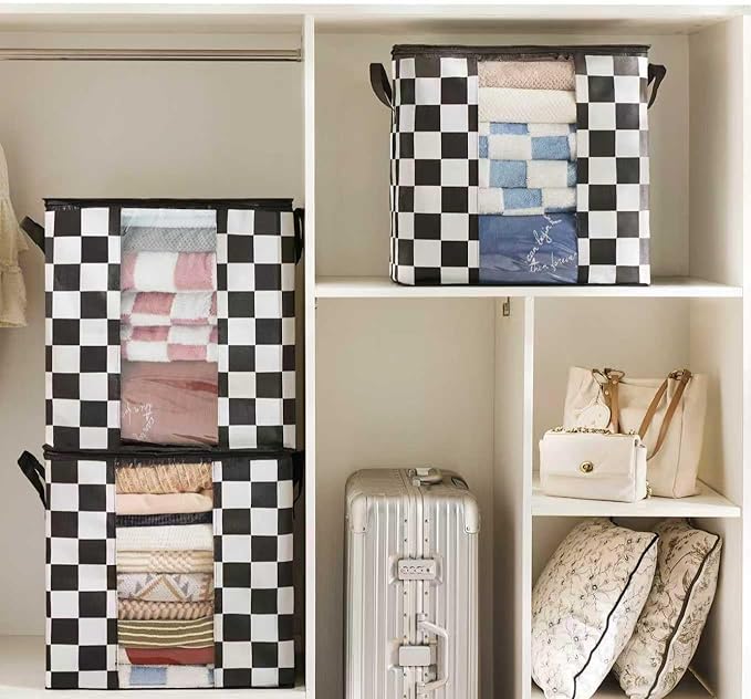 Black and White Checkered Clothes Storage Bins, 100L Large Blanket Storage Bags 3 Pack, Closet Organizers and Storage Containers for Comforters, Bedding, Foldable Organizer with Handle
