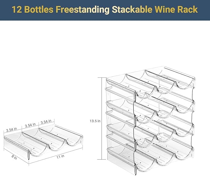 Plastic Water Bottle Organizer and Wine Rack Storage Holder,4 Tier 12 Containers Stackable Free-Standing Bottle Storage Rack for Kitchen Countertops, Table Top, Pantry, Bars, Cabinets, Fridge - Clear