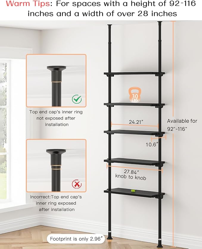 ALLZONE 5 Tiers Narrow Bookshelf, Tall Adjustable Ladder Book Shelf with Open Storage, Floor to Ceiling Tension Mount, Wooden Industrial Bookcase for Living Room, 92 to 116 Inch, Black