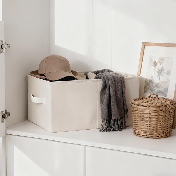 3 Pack Linen Storage Baskets with Handle,Large Foldable Closet Storage Bins for Shelves,Toys,Sheets,Clothes,18"×11"×8",Beige
